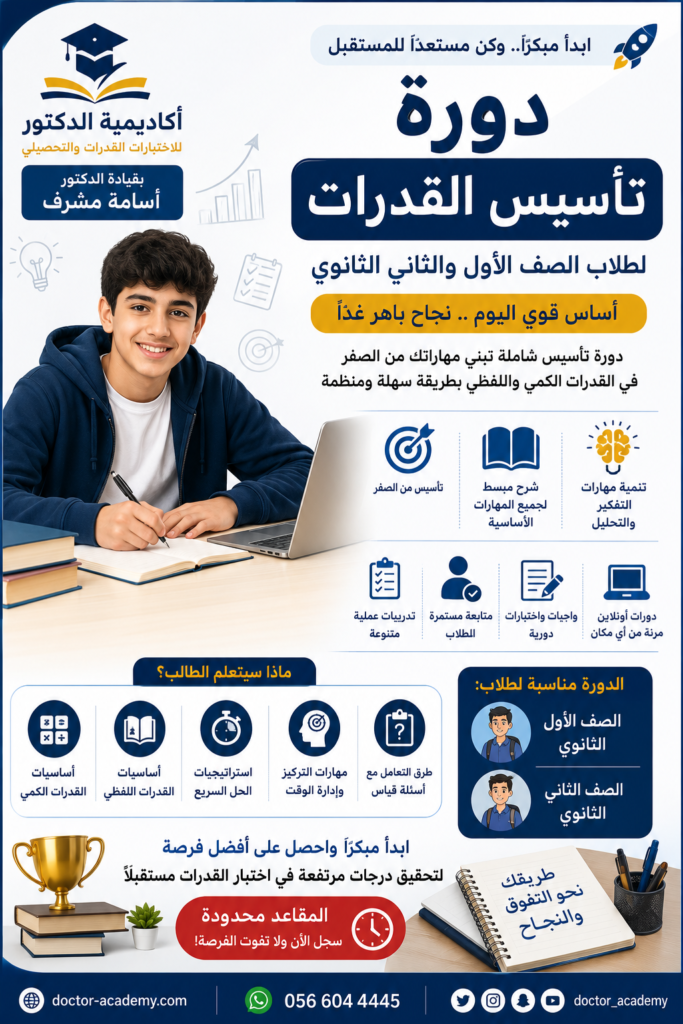 📚 دورة تأسيس القدرات للصف الأول والثاني الثانوي ابدأ الاستعداد لاختبار القدرات مبكرًا واصنع الفارق في مستقبلك الأكاديمي. تقدم أكاديمية الدكتور بقيادة الدكتور أسامة مشرف دورة تأسيس شاملة تساعد طلاب الصف الأول والثاني الثانوي على بناء أساس قوي في القدرات الكمي واللفظي بطريقة سهلة ومنظمة. ✅ تأسيس من الصفر ✅ شرح مبسط لجميع المهارات الأساسية ✅ تنمية مهارات التفكير والتحليل ✅ تدريبات عملية متنوعة ✅ متابعة مستمرة للطلاب ✅ واجبات واختبارات دورية ✅ دورات أونلاين مرنة من أي مكان ماذا سيتعلم الطالب؟ 🔹 أساسيات القدرات الكمي 🔹 أساسيات القدرات اللفظي 🔹 استراتيجيات الحل السريع 🔹 مهارات التركيز وإدارة الوقت 🔹 طرق التعامل مع أسئلة قياس الدورة مناسبة لطلاب: 🎓 الصف الأول الثانوي 🎓 الصف الثاني الثانوي ابدأ مبكرًا واحصل على أفضل فرصة لتحقيق درجات مرتفعة في اختبار القدرات مستقبلاً. 📞 المقاعد محدودة 🌐 https://doctor-academy.com/ أكاديمية الدكتور طريقك نحو التفوق والنجاح